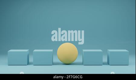 Gelbe Kugeln herausragend unter blauen Kasten auf blauem Hintergrund. Konzept der herausragenden und anderen kreativen. 3d-Rendering. Stockfoto
