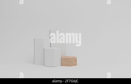 3D Rendern. Weißes Podium in Sechseck-Form. Podest-Modell auf weißem Hintergrund. Holzplattform zur Produktpräsentation Stockfoto