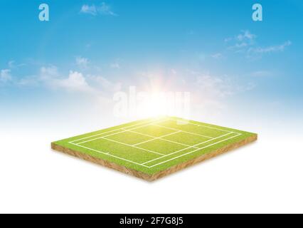 3D-Rendering. Grüner Rasen Tennisplatz und Himmel Wolke Hintergrund. Stockfoto