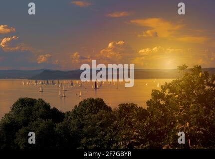 Sonnenuntergang über dem Plattensee in Ungarn mit Segelbooten an einem Sommernachmittag, Segelbootrennen, Wassersport, See in der untergehenden Sonnenlandschaft, Windsurfen Stockfoto