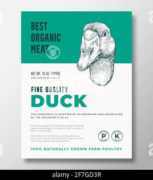 Best Organic Meat Abstract Vector Packaging Design oder Label Template. Geflügelbanner Aus Eigener Landwirtschaft. Moderne Typografie und handgezeichnete Duck Head Silhouette Stock Vektor