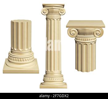 Satz architektonischer Säulen – isoliert auf weißem Hintergrund. 3D-Illustration Stockfoto