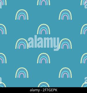 Farbiges, nahtloses Baby-Muster mit niedlichen Regenbögen. Kreative Vektor-Hintergrund für Stoff, Textil, Baby-Tapete. Abstrakte Landschaft aus Hügeln. Hand dr Stock Vektor