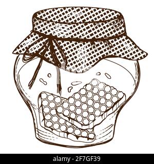 Glas Honig mit Waben, Gravur Vektor-Illustration isoliert auf weißem Hintergrund. Honigbild für Verpackungen und Druckmaterialien in handgezeichneter Ätzschrift Stock Vektor