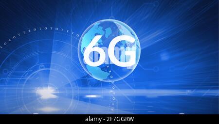 Zusammensetzung des Wortes 6g über einen Globus und mehrere Weiße Kreise im Hintergrund Stockfoto