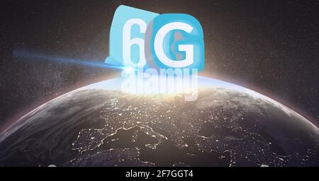 Komposition des Wortes 6g über einem Globus im Hintergrund Stockfoto