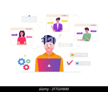 Konzept des Arbeitsplatzes für freiberufliche Meetings, Videokonferenzen und Online-Meetings. Designvorlage Freiberufler nehmen mit Kollegen für Bericht, Flyer, Marketing, Blatt Stock Vektor