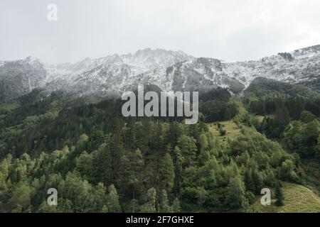 Bergige Landschaft mit erstem Schnee auf Berggipfeln im Spätherbst bei niedriger Sicht. Die Hänge sind mit Nadelbäumen in verschiedenen Schatten bedeckt. Stockfoto