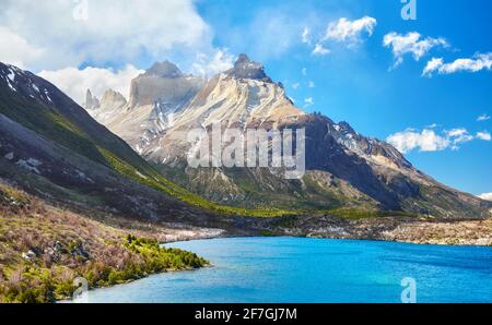 Lake Pehoe und Cuernos im Torres Del Paine Nationalpark, Chile. Stockfoto