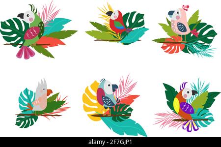 Vögel sitzen auf einem Zweig mit Blättern. Stock Vektor