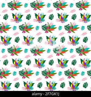 Muster mit tropischen Papageien mit Blättern. Stock Vektor