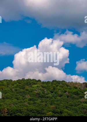 Riesige Wolken - majestätischer Kumulus - bilden sich im blauen Himmel über dem Hügel mit Wald Stockfoto