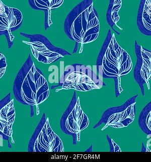 Blätter mit Ornamenten und Streifen.Vektor nahtlose Muster Kontur Blätter mit Ein Kontrastschatten Stockfoto