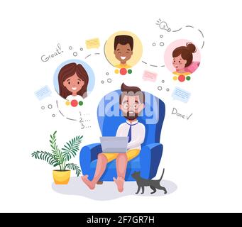 Videokonferenz. Mann, der zu Hause mit einem Laptop sitzt und Videoanruf mit Kollegen oder Kunden zu Hause führt. Stock Vektor