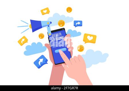 Empfehlen Sie einen Freund Konzept mit Cartoon-Hände halten ein Telefon mit einer Taste für das Empfehlungsprogramm. Stock Vektor
