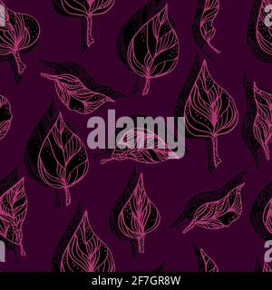 Blätter mit Ornamenten und Streifen.Vektor nahtlose Muster Kontur Blätter mit Ein Kontrastschatten Stockfoto