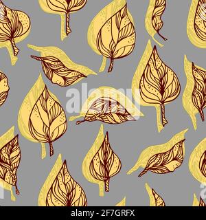 Blätter mit Ornamenten und Streifen.Vektor nahtlose Muster Kontur Blätter mit Ein Kontrastschatten Stockfoto