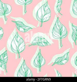 Blätter mit Ornamenten und Streifen.Vektor nahtlose Muster Kontur Blätter mit Ein Kontrastschatten Stockfoto