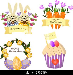 Set mit Osterhase, Osterkuchen, Karotten und einem Blumenkranz. Stock Vektor