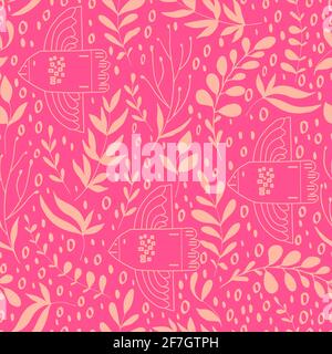 Nahtloses Muster von Vögeln im Wald aus Zweigen von Kräutern und Sträuchern. Botanische Illustration für Stoffe, Papiere und Hintergründe Stockfoto