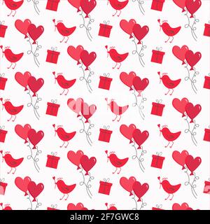 Vögel, Luftballons und Geschenke zum Valentinstag. Abbildung in rot und pink. Stock Vektor