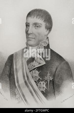 José de Bustamante y Guerra (1759-1825). Spanischer Marineoffizier und Entdecker. Generalleutnant der spanischen Marine. Gouverneur von Montevideo (1797-1804) und Generalkapitän von Guatemala (1811-1818). Illustration von Llanta. Lithographie. Crónica General de España, Historia Ilustrada y Descriptiva de sus Provincias. Castilla-La Vieja, 1870. Stockfoto