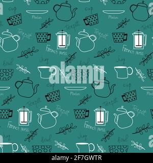 Umrissmuster mit Küchenutensilien und Text. Stock Vektor