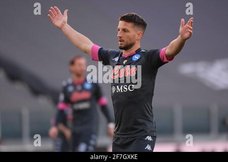 Turin, Italien. April 2021. Dries Mertens vom SSC Napoli reagiert während des Fußballspiels der Serie A zwischen dem FC Juventus und dem SSC Napoli im Allianz-Stadion in Turin (Italien) am 7. April 2021. Foto Federico Tardito/Insidefoto Kredit: Insidefoto srl/Alamy Live News Stockfoto