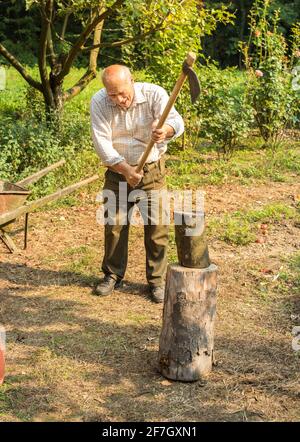 Älterer Mann, der im Garten Holz mit Axt spaltet. Stockfoto