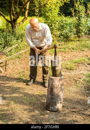 Älterer Mann, der im Garten Holz mit Axt spaltet. Stockfoto