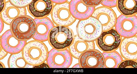 Nahtlose Muster Krapfen mit Puderzucker mit Körnern bestreut. Realistische bunte Donut. Design für Urlaub Designs, Party, Geburtstag, Einladung. Vektor Stock Vektor