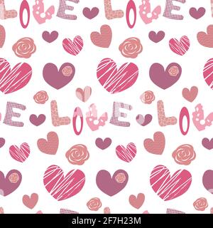 Muster - Liebe, mit rosa Herzen und Buchstaben. Valentinstag. Stock Vektor