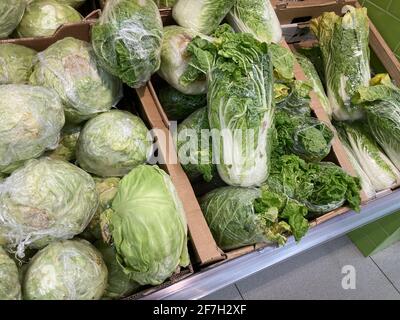 Nahaufnahme von verschiedenen Kohl in Kartons auf Supermarkt-Theke. Konzept der Landwirtschaft, Bio-Lebensmittel, gesunde Ernährung und Ernährung Stockfoto