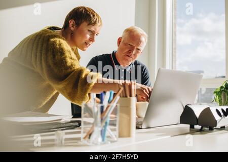 Der Manager zeigt den Kollegen, der am Schreibtisch sitzt, auf den Laptop-Bildschirm. Junge Frau zeigt etwas auf Laptop-Display zu reifen Mann im Büro. Stockfoto