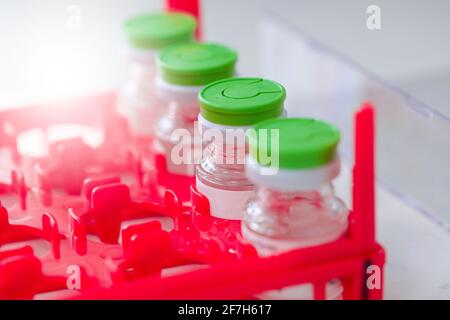 Laborflaschenimpfstoff auf Trockeneisspeicher. Stockfoto
