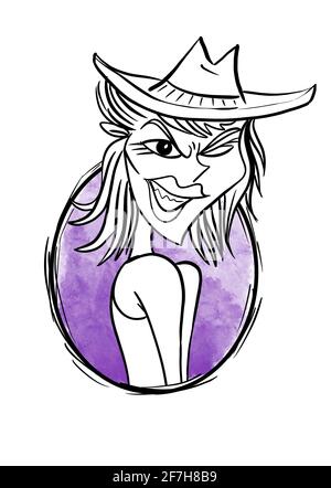 cowgirl mit Haltung handgezeichnete Comic-Figur Illustration Stockfoto