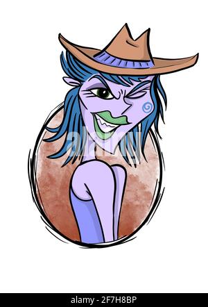 cowgirl mit Haltung handgezeichnete Comic-Figur Illustration Stockfoto