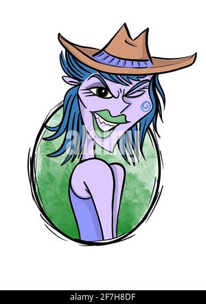cowgirl mit Haltung handgezeichnete Comic-Figur Illustration Stockfoto