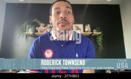 USA. April 2021. Roderick Townsend, para Track and Field, einmaliger Paralympiker; zweitägiger Paralympischer Goldmedaillengewinnerin, Boise State University, in einem Screenshot zu sehen, als das Olympische und Paralympische Komitee der Vereinigten Staaten vom 7-9. April ab 8-5 Uhr MT den Tokyo 2020 Team USA Media Summit ausstatte. Die Veranstaltung soll mehr als 100 Olympioniken, Paralympier und Hoffnungsträger präsentieren, die im Sommer die nationalen Regierungsstellen vertreten, die im Rahmen einer Reihe von Pressekonferenzen an der Tokyo 2020 teilnehmen. (Foto vom Tokyo 2020 Team USA via Credit: SIPA USA/Alamy Live News Stockfoto