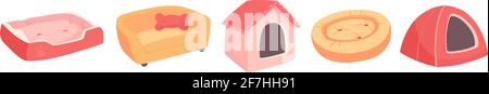 Ein Satz von Betten für ein Haustier, einen Hund oder eine Katze. Flache Vektordarstellung von Waren für Tiere. Objekte isoliert auf weißem Hintergrund, Cartoon-Stil. Türkis, Gelb, Rot, Rosa Farben Stock Vektor