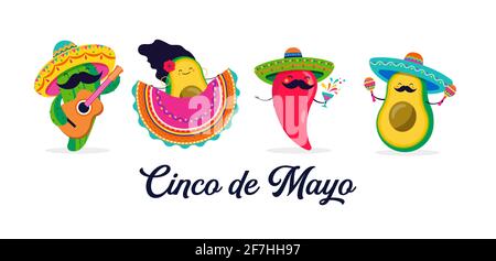 Cinco de Mayo - 5. Mai, Bundesfeiertag in Mexiko. Lustige, niedliche Charaktere wie Chilli, Avocado, Kaktus, der Gitarre spielt, tanzt und trinkt Tequila Stock Vektor