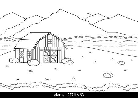 Schwarz weiß Vektor skizzieren Cartoon Sommer Frühling Landschaft Landschaft Szene mit Feld Haus Fluss Illustration. Handgezeichnete Doodle rote Scheune Stock Vektor