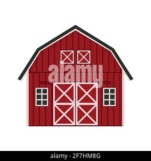 Cartoon Doodle rot Holzscheune Haus, graues Dach, Fenster und Türen mit gekreuzten weißen Brettern. Vektordarstellung isolierte handgezeichnete Illustration auf Weiß Stock Vektor