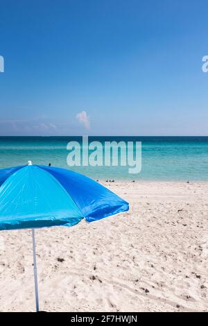 Ein blauer Sonnenschirm, eingerahmt vom azurblauen Wasser des Atlantiks vor South Beach, Miami Beach, Florida Stockfoto