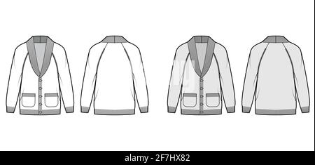 Strickjacke mit Schalkragen, technischer Fashion-Illustration mit übergroßer Hüftlänge, Rippenstrick-Besatz und Knopfverschluss. Flache Kleidung vorne, hinten, weiß-graue Farbgebung. Frauen, Männer Unisex-CAD-Modell Stock Vektor