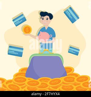 Junge mit Geldbeutel und Münzen Stock Vektor