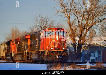 Bartlett, Illinois, USA. Ein Trio von Lokomotiven der Canadian National Railway führt einen Güterzug in südlicher Richtung an. Stockfoto