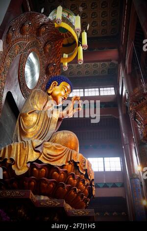 Eine goldene buddha-Statue, die auf einem Lotus im buddhistischen Tempel des Lingyin-Tempels sitzt, befindet sich in Hangzhou, Zhejiang, China. Stockfoto