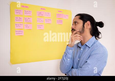 Ein junger Geschäftsmann, der an einer Scrum-Planung auf einem gelben Brett an einer weißen Wand arbeitet. Junger Mann mit nachdenklicher Gesichte, der an einem Projekt arbeitet Stockfoto