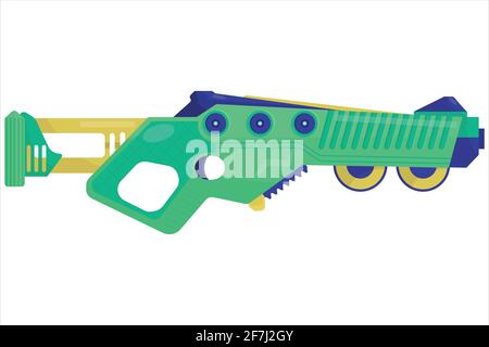 vektor-Konzept Illustration eines Blasters. Waffen für Computerspiele. Mehrfarbige Pistole schießen einen Laserstrahl. Alien Waffen . Stock Vektor